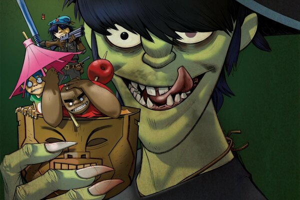 Plakat grupy Gorillaz. Koktajl z parasolem