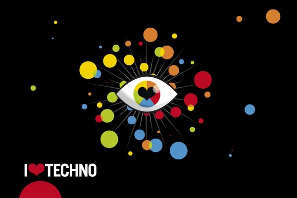 Logo kocham techno i oko z serduszkiem na ciemnym tle