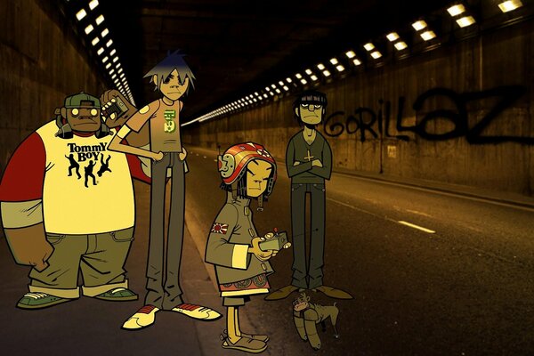 Gorillaz dans un tunnel sombre avec une inscription