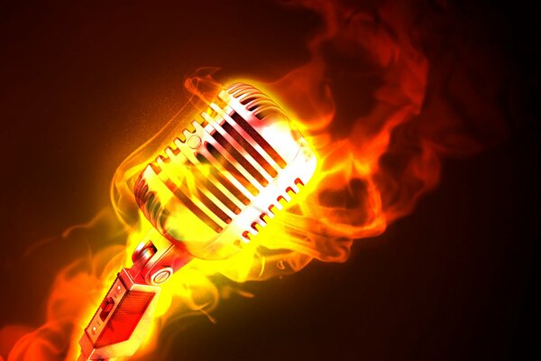 Microphone in flames on a black background