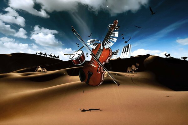 Instrumenty muzyczne na pustyni z wielbłądami