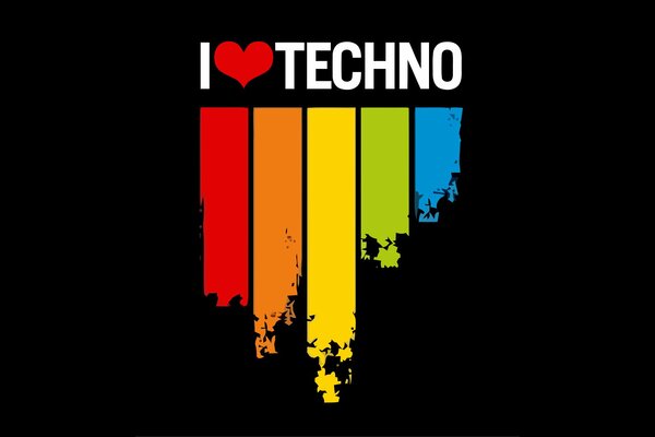 Ich liebe Techno auf schwarzem Hintergrund