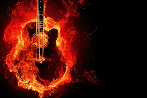 Schwarze Gitarre in Flammen auf dunklem Hintergrund