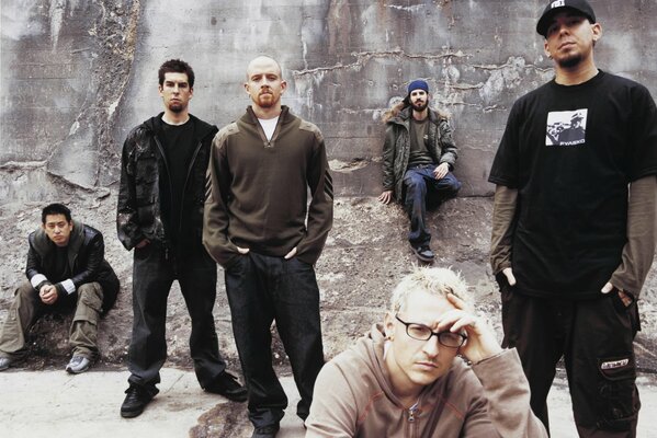 Linkin park men on a poster of neutral tones