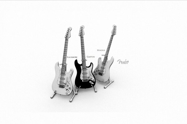 There are three guitars, two white and one black