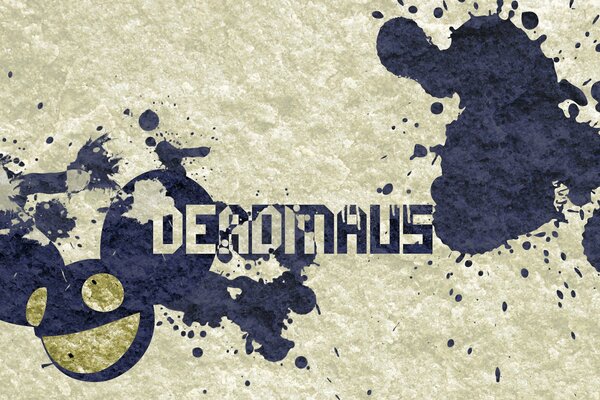 Dedmau5-Schriftzug mit blauem Spritzer auf grauem Hintergrund