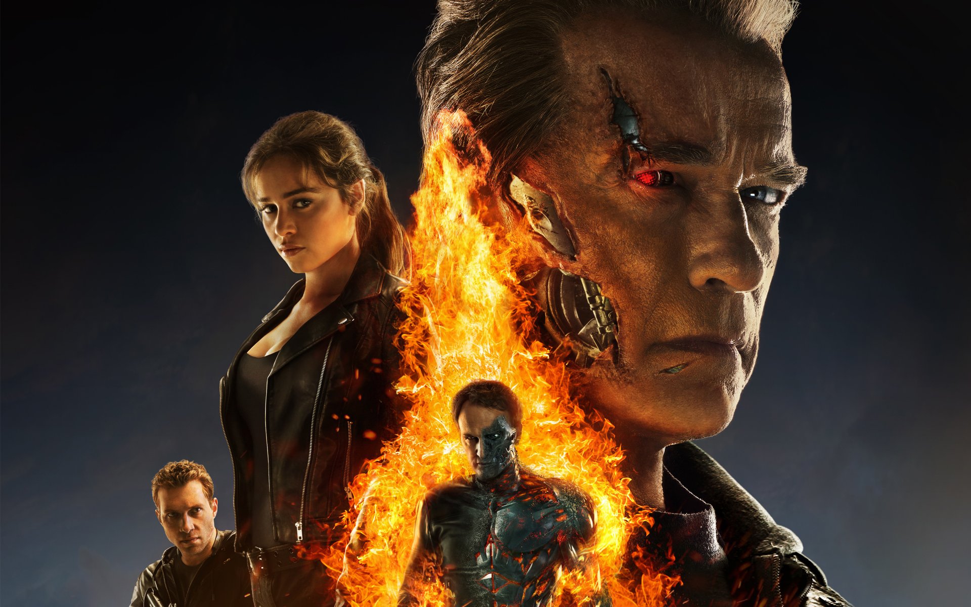 terminator: genèse fiction arnold schwarzenegger terminator emilia clarke sarah connor jai courtney jay courtney kyle reese jason clarke john connor affiche flamme feu