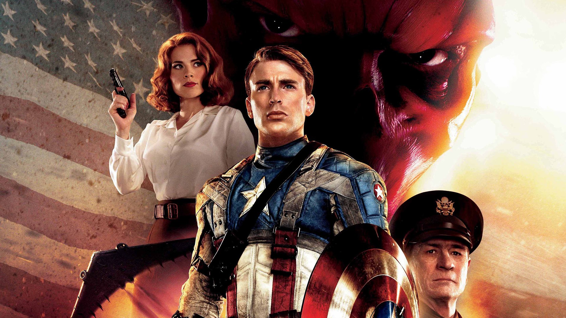 The First Avenger Captain America: The First Avenger Chris Evans Captain America Steve Rogers Hayley Atwell Atwell Peggy Carter Hugo Weaving Red Skull Tommy Lee Jone