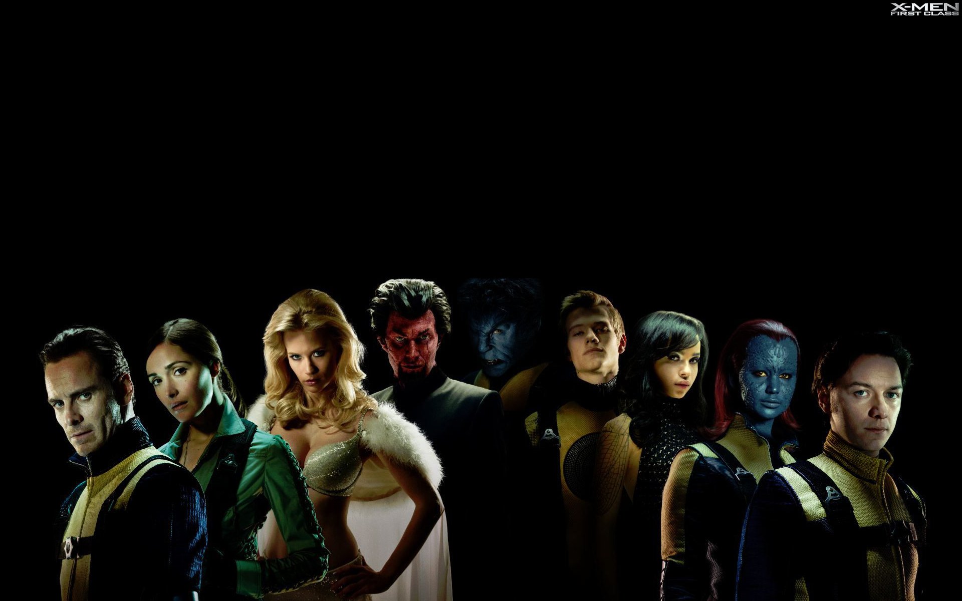 x-men: pierwsza klasa x-men : pierwsza klasa superbohaterowie czarne tło michael fassbender magneto james mcavoy charles xavier rose byrne moira mactaggert jennifer lawrence mystic jeñuary jones emma frost