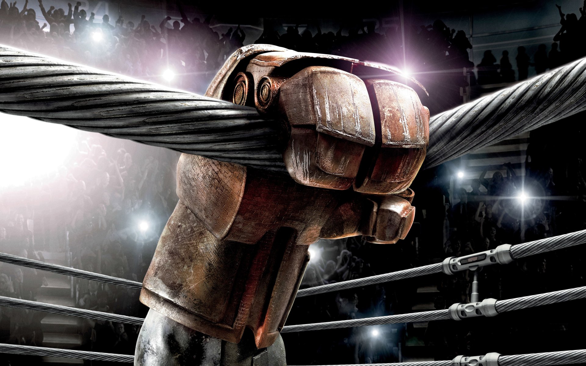 live steel real steel fiction hall spectators fans stands ring ropes boxing robot hand glove