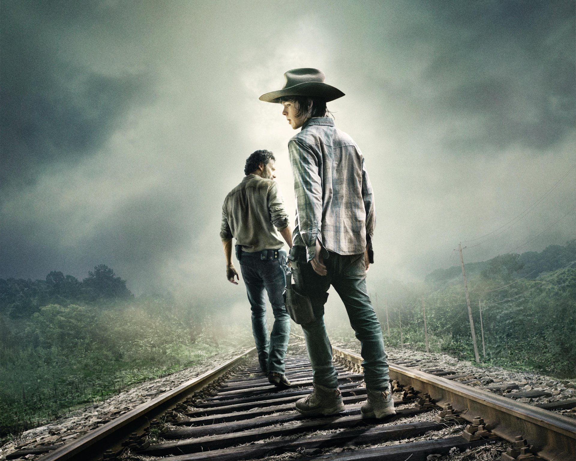 the walking dead nie spojrzenie wstecz 2014 dramat horror thriller zombie serial telewizyjny andrew lincoln rick carl grimes chandler riggs mężczyźni kapelusz czujnik sposób las burrus niebo chmura hd tapety