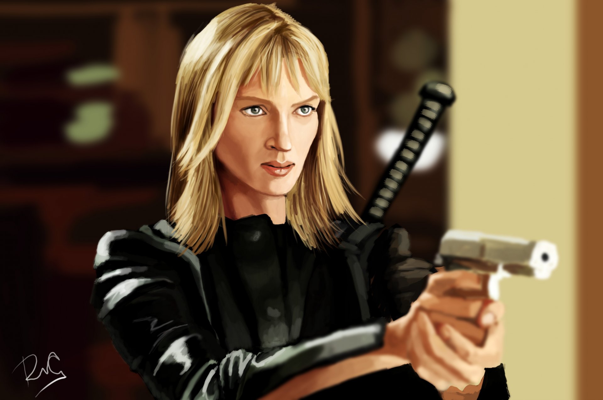 tuer bill uma thurman blond mamba noir arme pistolet katana costume en noir art dessin