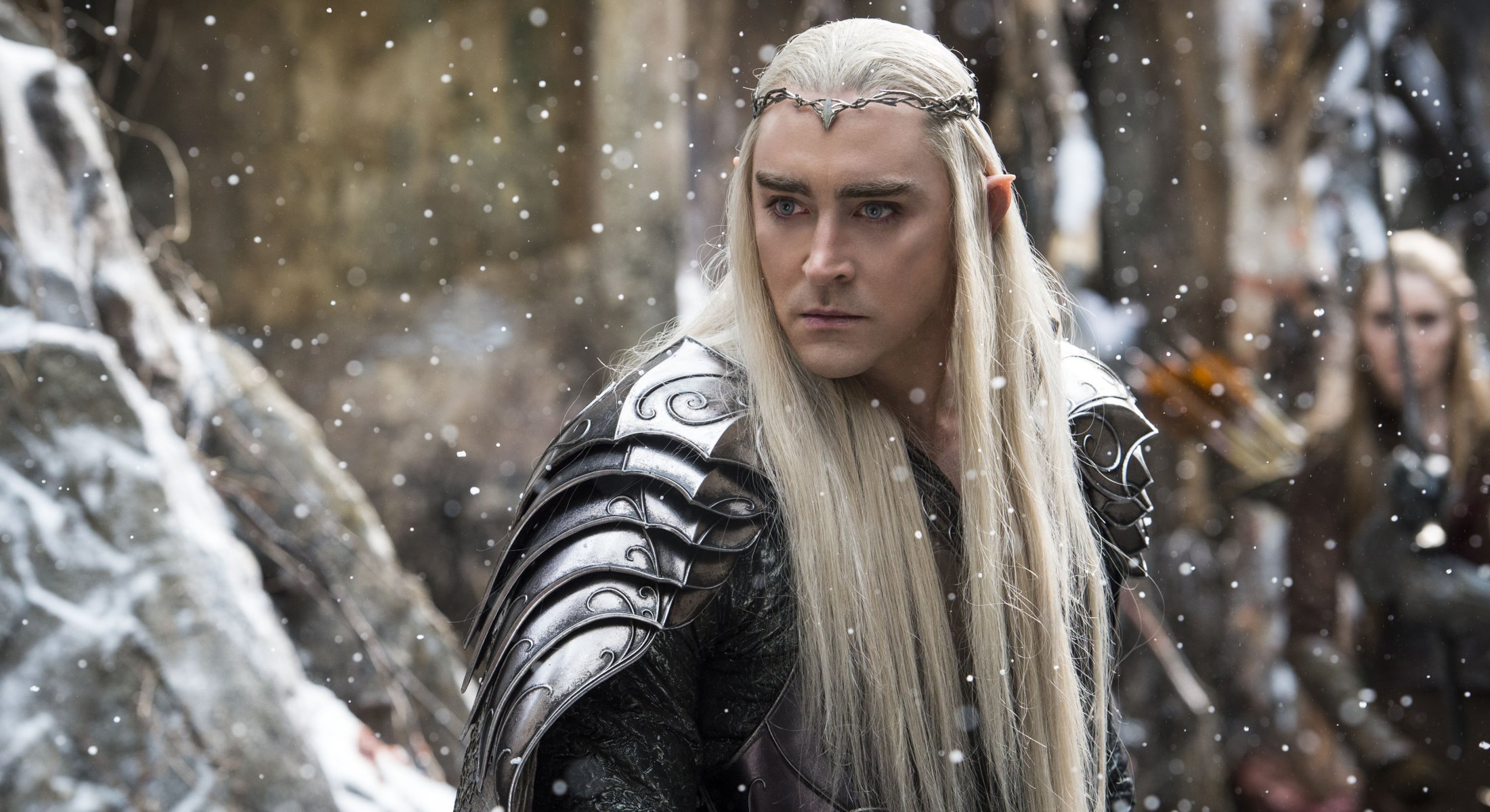 the hobbit the battle of the five armies the hobbit 3 movie film 2014 lee pace thranduil adventure fantasy man armor blonde hair elvenking elf snow winter hd wallpaper