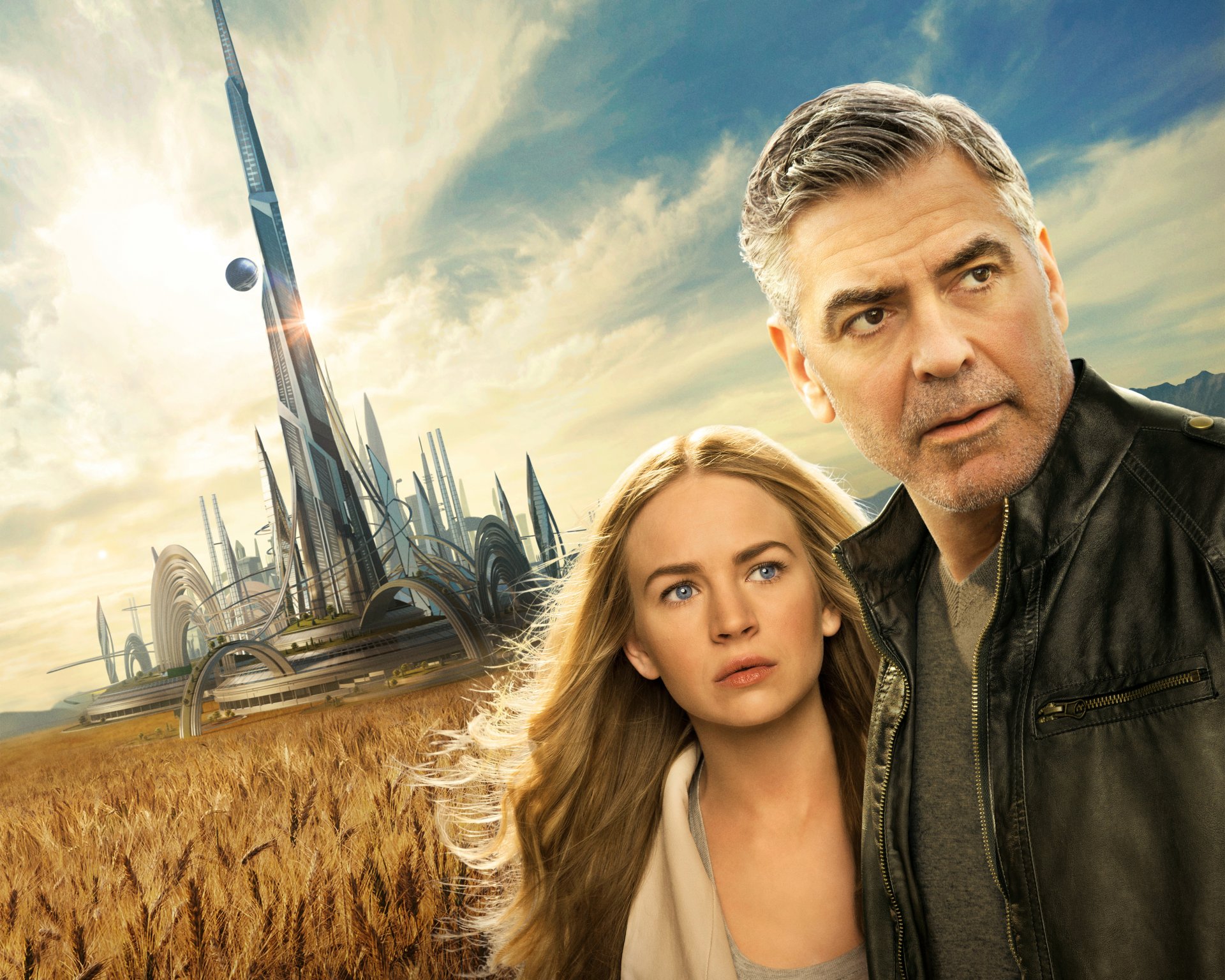 tomorrowland mañana tierra cine película 2015 año britt robertson casey newton george clooney franco walker walt disney pictures aventura ciencia ficción fantasía casey newton y frank walker rubio pelo azul ojos joven chica viejo