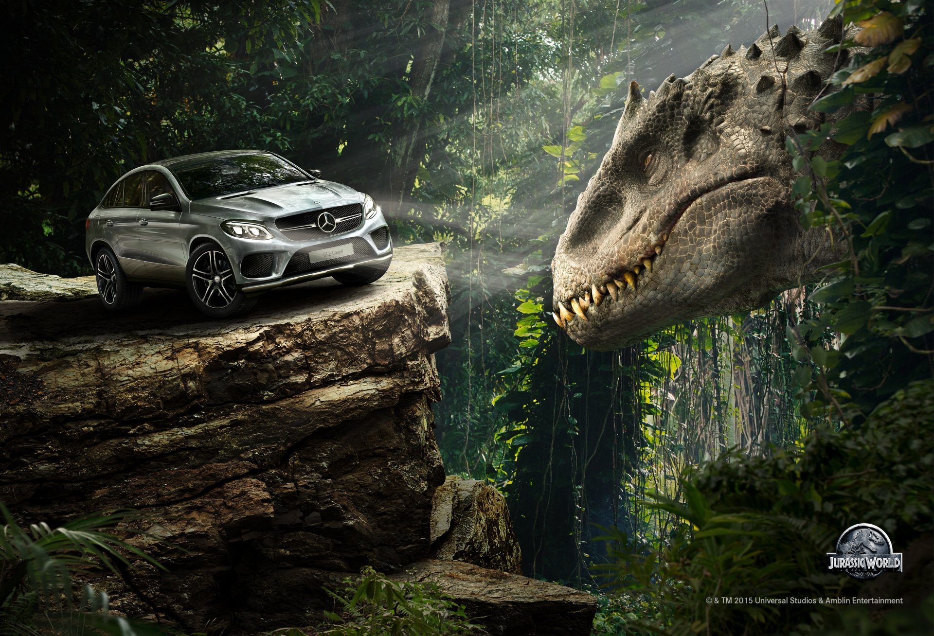 mundo jurásico mundo jurásico bosque selva roca auto mercedes-benz gle coupe dinosaurio situación ficción