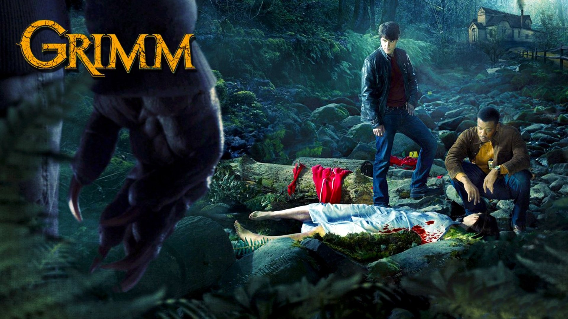 grimm serie de televisión serie monstruo asesinato escena del crimen investigador detective investigación hombre hombre lobo casa bosque cuentos de terror sangre caperucita roja icono policía cazador asesino de monstruos árboles serie de televisión tv russell hornsby hank griffin dav