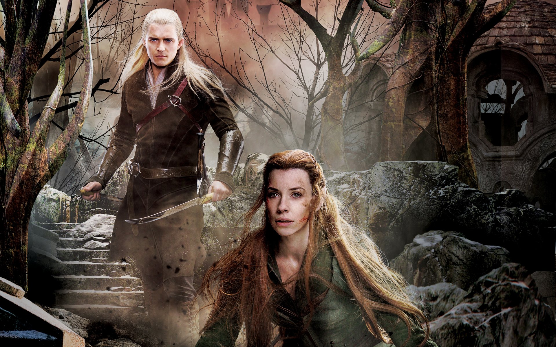 el hobbit: la batalla de los cinco ejércitos fantasía póster collage elfos tauriel evangeline lilly legolas orlando bloom