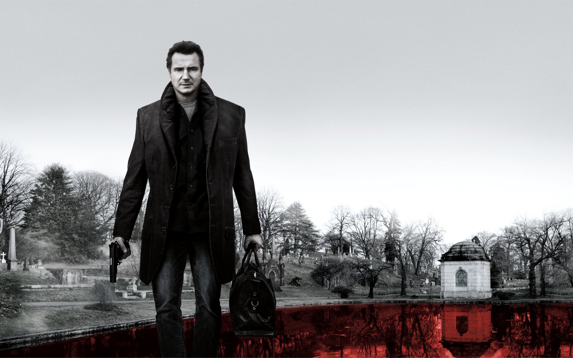 a walk among the tombstones liam neeson gun bag cemetery black and white