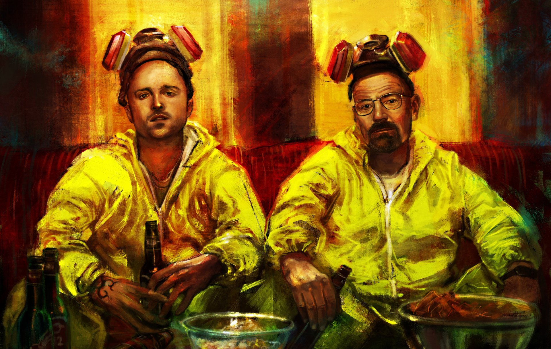 breaking bad aaron paul bryan cranston amc beer suits respirator art walter white mr. white jesse pinkman