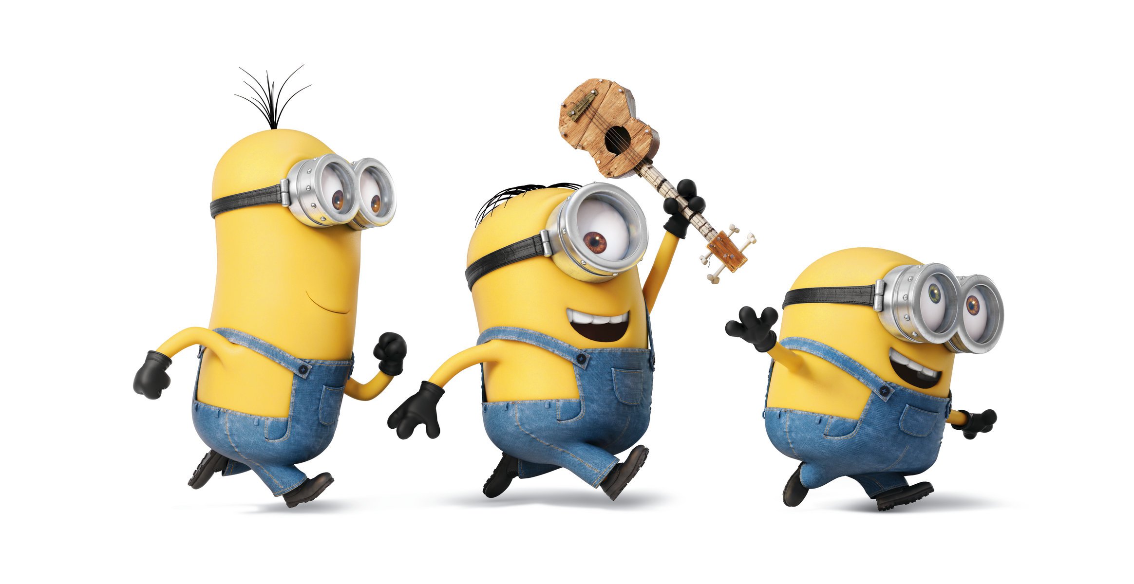 minions cartoon characters three yellow sunglasses gloves overalls guitars running happiness mood white background