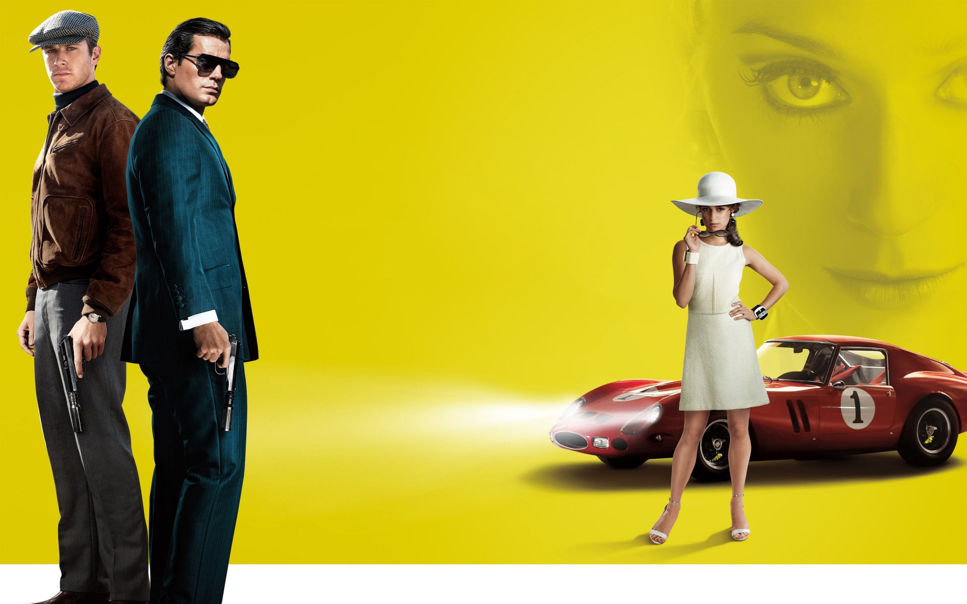 agents a. n. k. l. l homme de l oncle henry cavill armie hammer agents armes pistolets alicia vikander vikander en blanc robe chapeau lunettes brouette rouge phare fond jaune