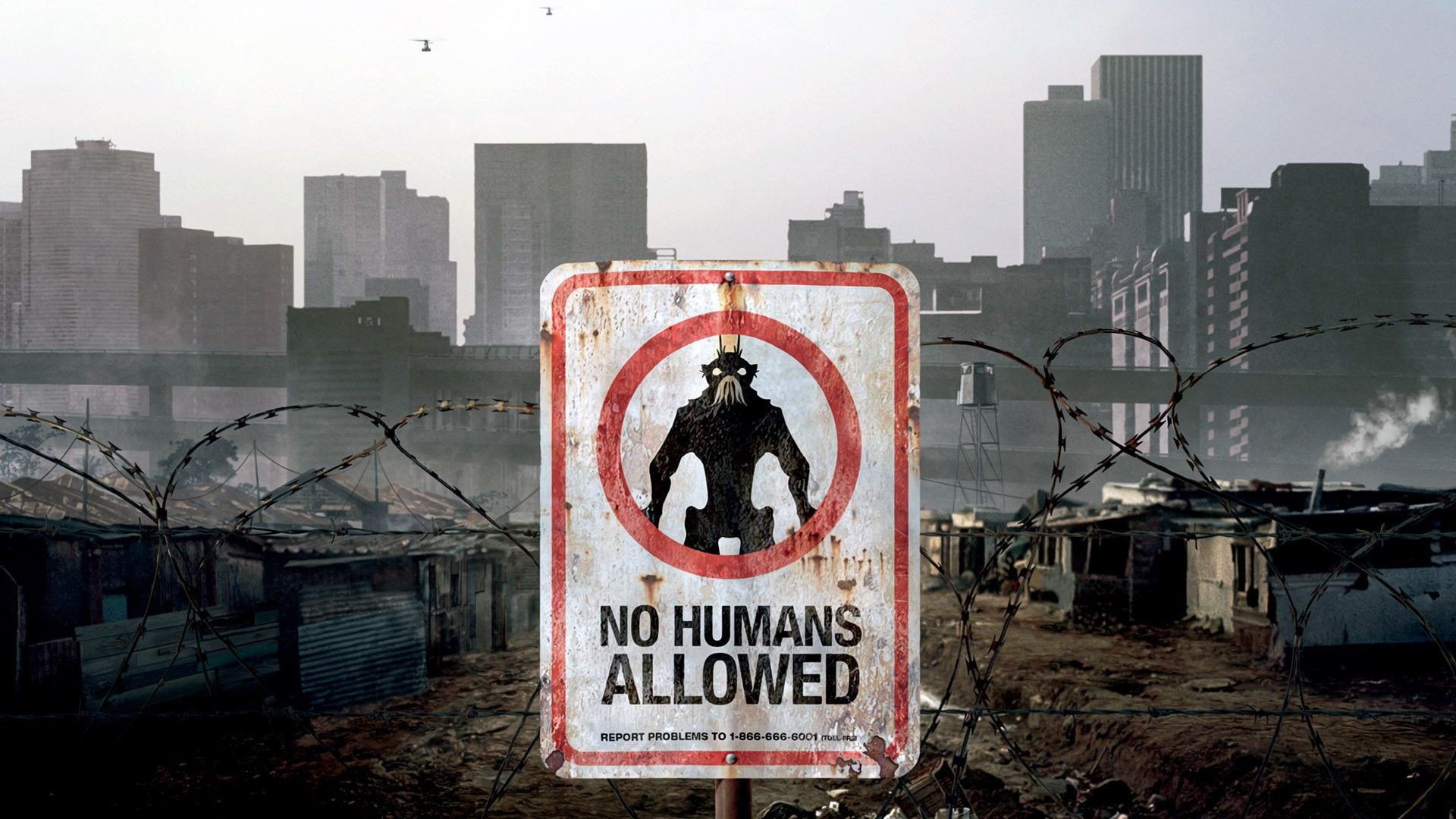 district 9 movie city skyscrapers helicopters sign alien no humans allowed