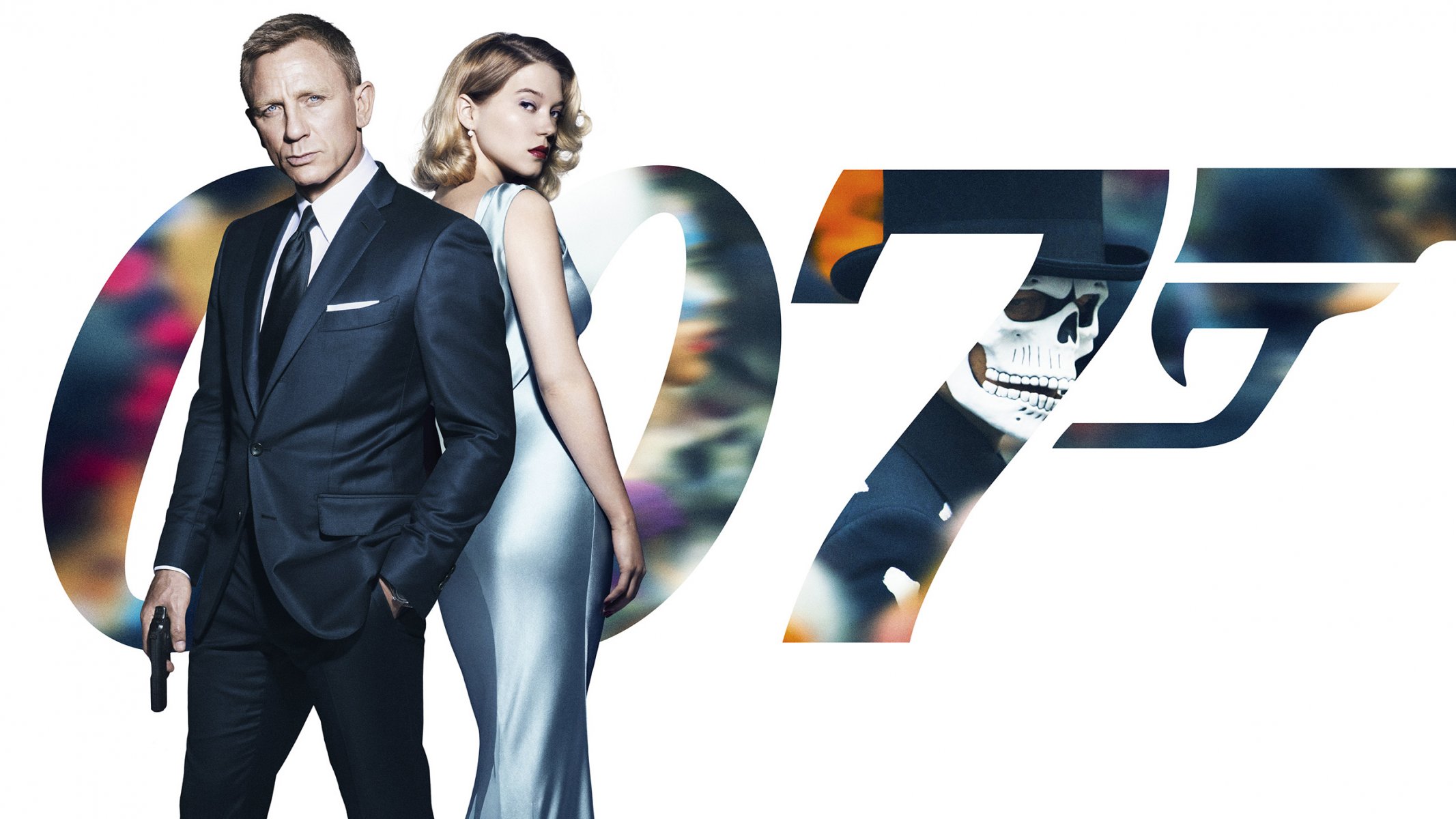 007: spectrum ghost james bond agent daniel craig daniel craig in schwarz anzug pistole lea seydoux blond kleid madeleine swann hintergrund poster