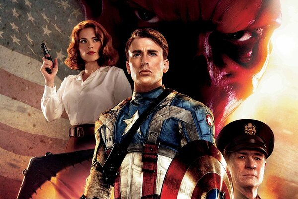 The heroes of the film the first avenger on the background of the American flag