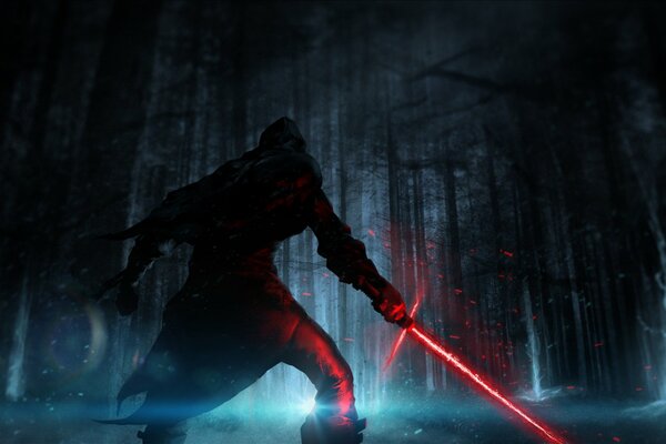 Sith en el bosque con un sable de luz roja