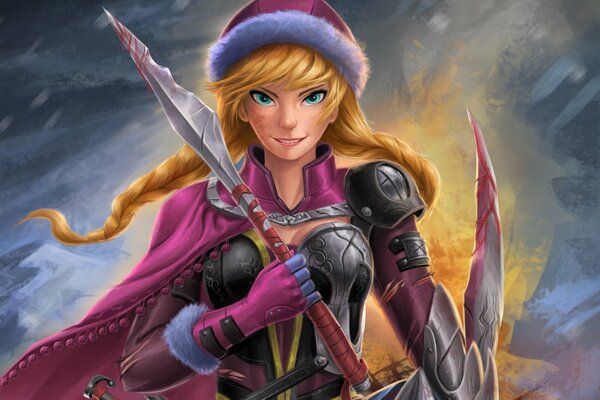 Die blauäugige Blondine in Santa Claus Mütze, Rüstung und rosa Umhang zeigt eine blutige kalte Waffe