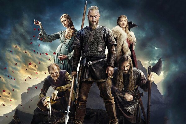 The heroes of the series Vikings against the background of thick clouds