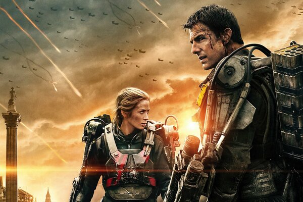 Rahmen eines fantastischen Films mit Schauspielern in Exoskeletten von Emily Blunt und Tom Cruise