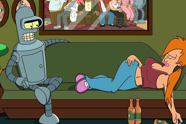 The robot is sitting on the couch, and the red-haired girl is lying on the couch with her eyes closed