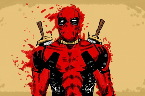 Deadpool from a comic book on a yellow background