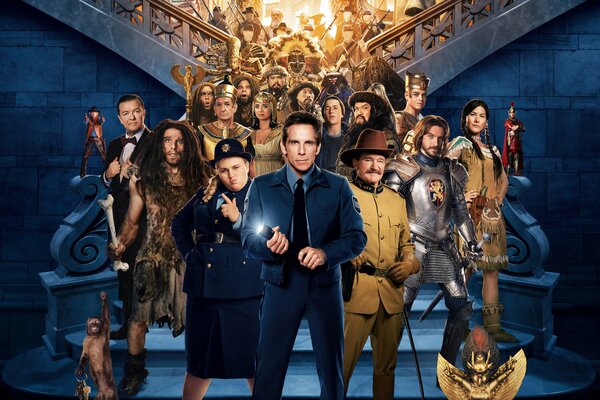 All the characters from the movie night at the museum on the background of a blue staircase