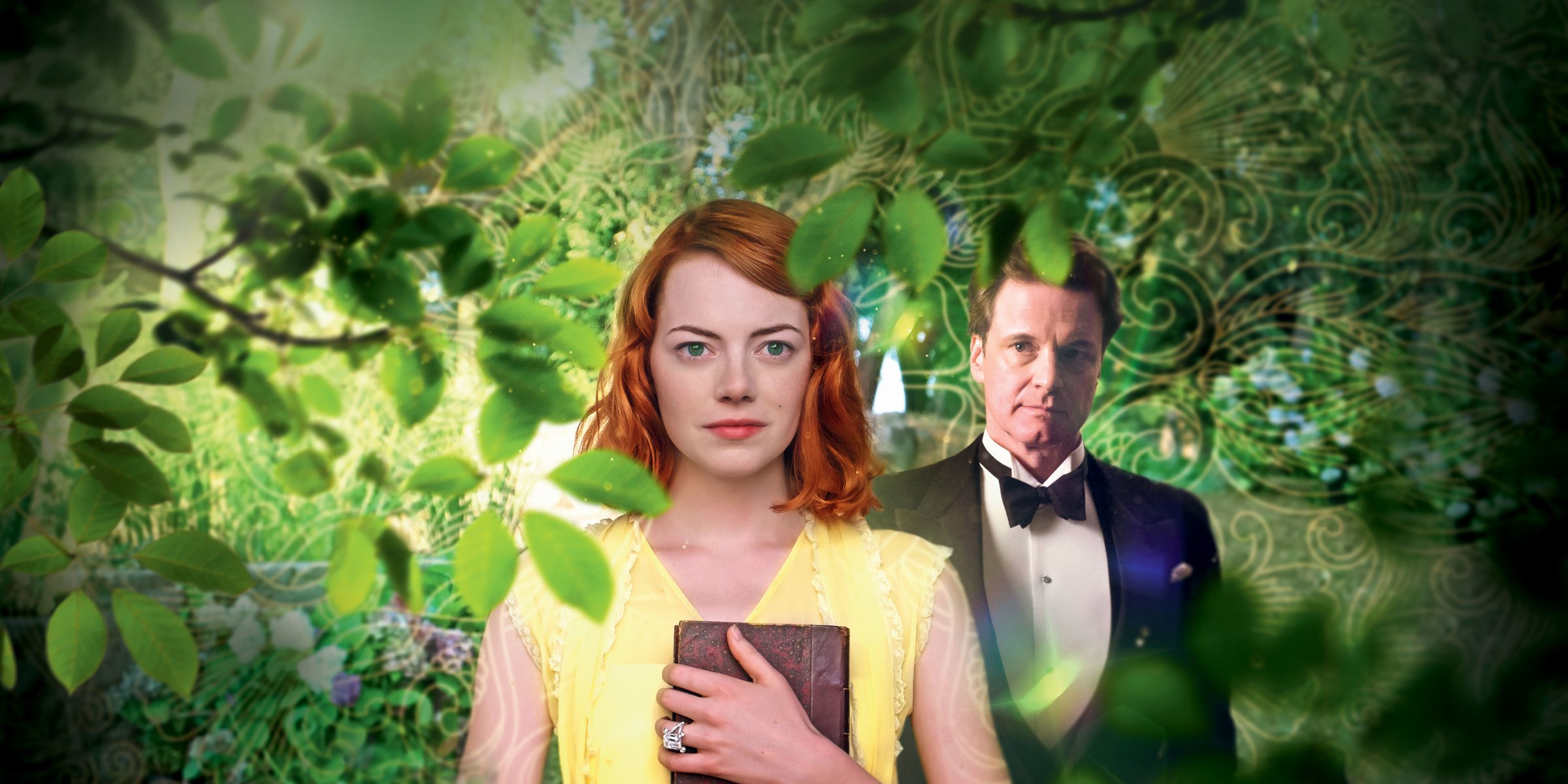 la magie du clair de lune la magie dans désigner clair de lune film film 2014 année emma stone sophie colin firth stanley comédie romans d amour homme smoking fille rousse cheveux visage vert yeux rouge lèvres jaune robe à la main anneau la nature plein ra