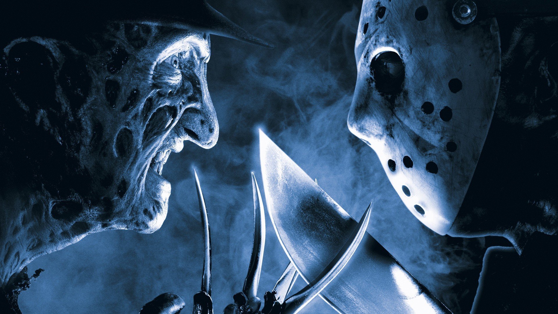 freddy vs jason freddy krueger jason voorhees a nightmare on elm street robert englund 2003 release 2003 ken kirzinger burns mask ice hockey mask killers horror movie icons of the 80s hat knives machetes facing each other smoke mist eyes face enemies mach