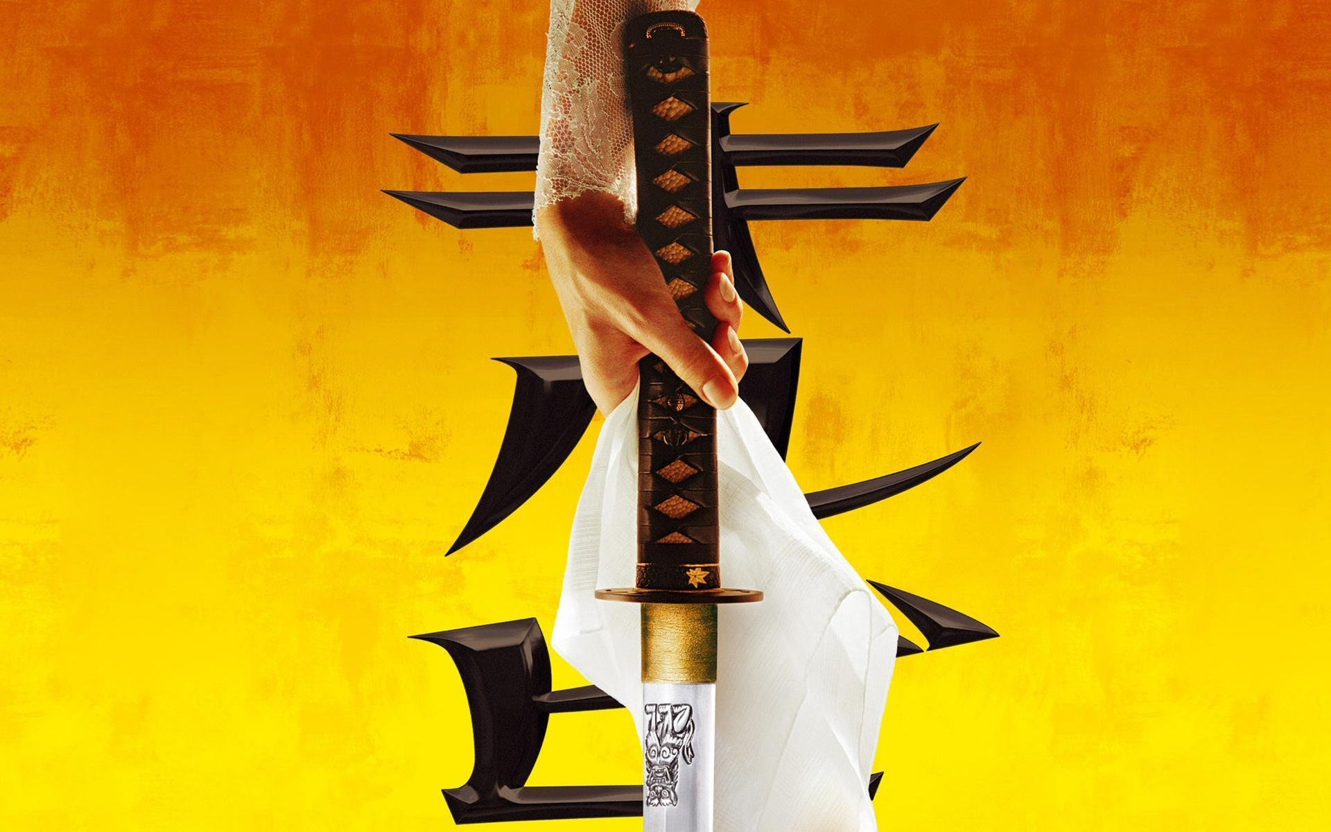 kill bill film ręka miecz katana chusteczka hieroglif tło