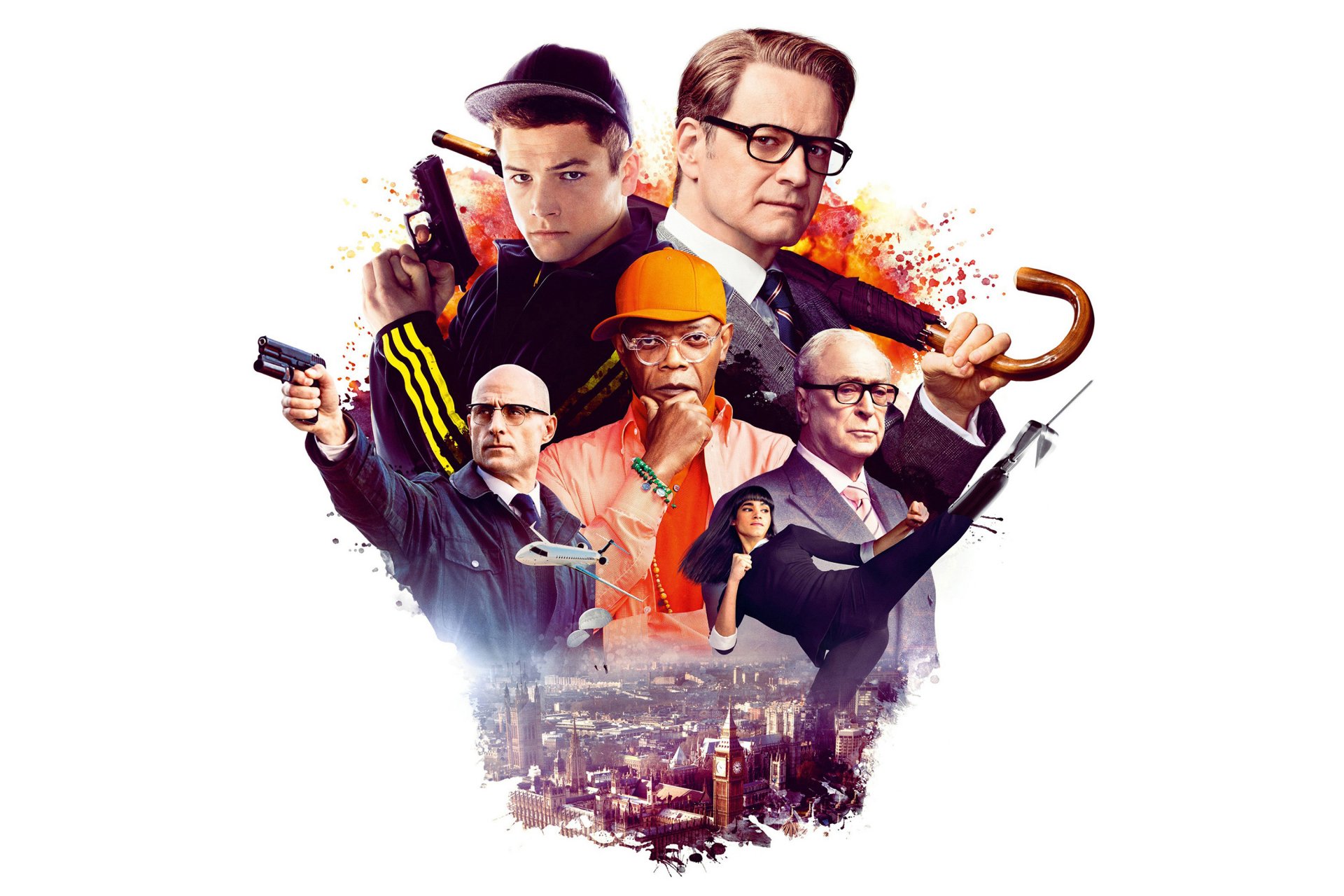 kingsman: secret service secret service colin firth colin firth agent samuel l. jackson michael kane mark strong sofia boutella teron edgerton taron egerton poster weißer hintergrund mütze regenschirm