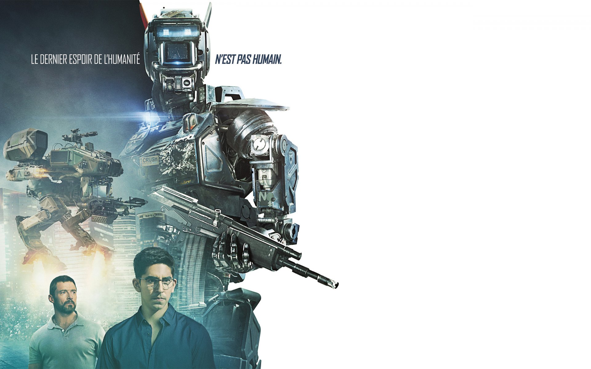 robot nommé chappie garçon affiche robot arme charlto copley dev patel hugh jackman fond blanc