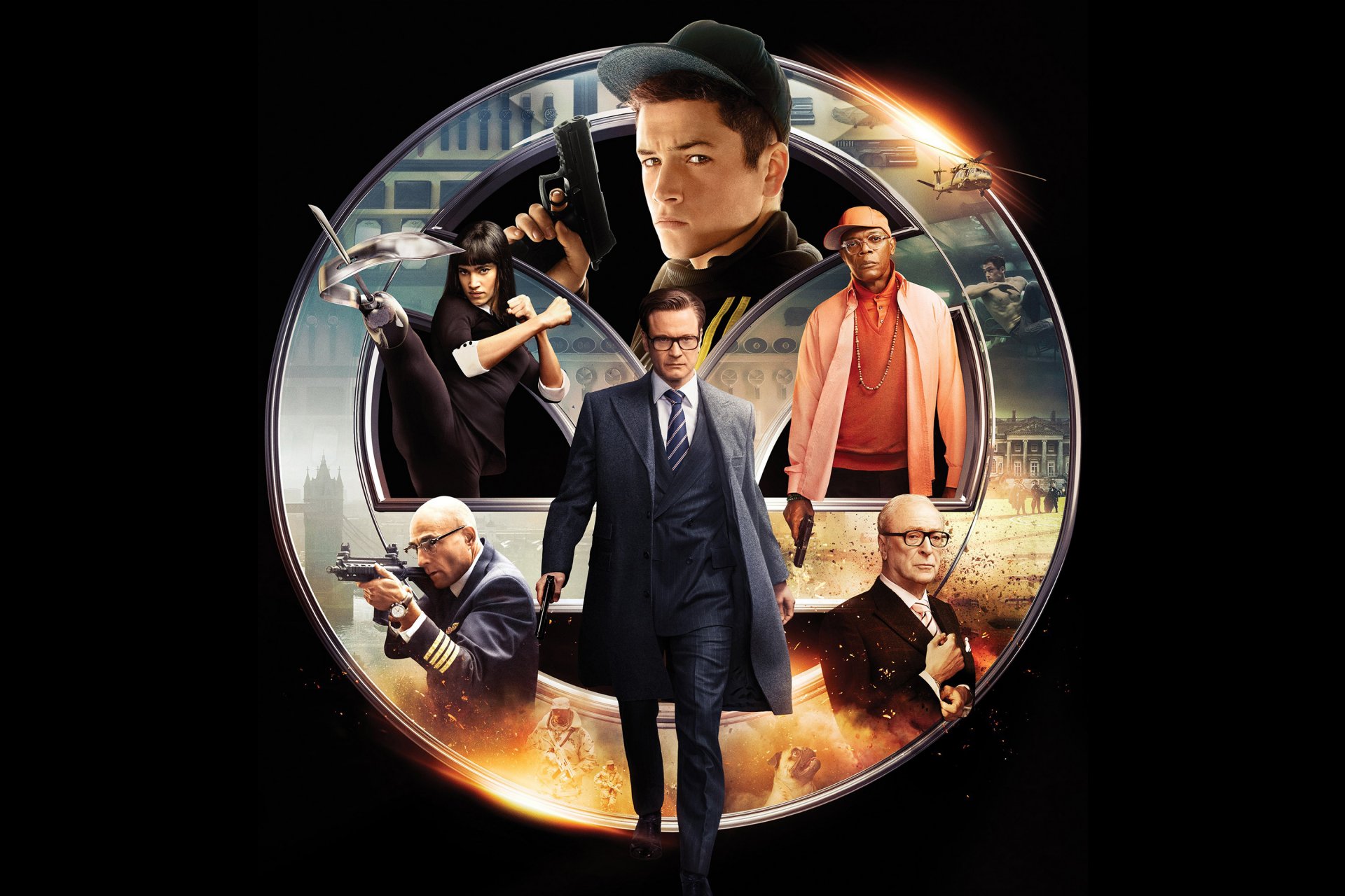 kingsman: servicio secreto servicio secreto colin firth colin firth agente samuel l. jackson michael caine mark strong sophia boutella taron edgerton taron egerton póster fondo negro disfraz or