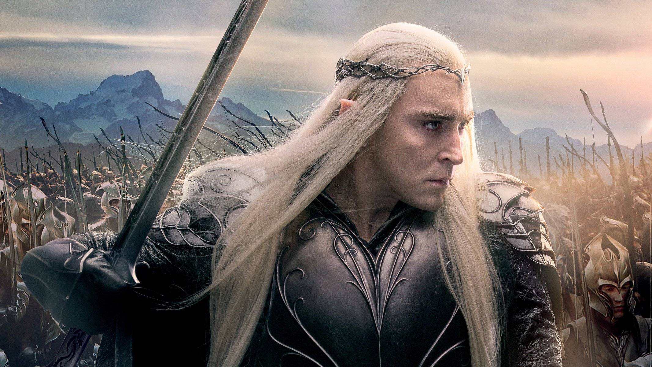 el hobbit: batalla de los cinco ejércitos fantasía lee pace pace mirkwood elfo rey thranduil elfos espada armadura ejército póster