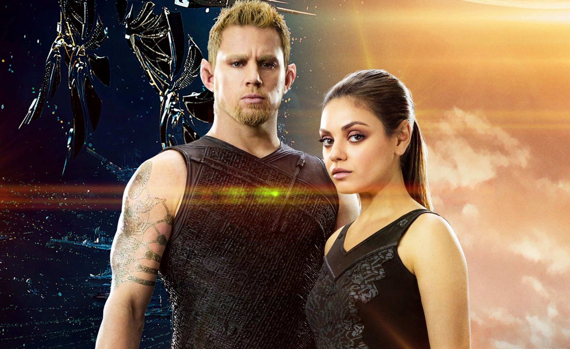 jupiter rising channing tatum mila kunis tattoo space station guardian soldier queen commander elf ears futuristic clothing future man woman space actress actor cast spacecraft aliens alien battle cruise