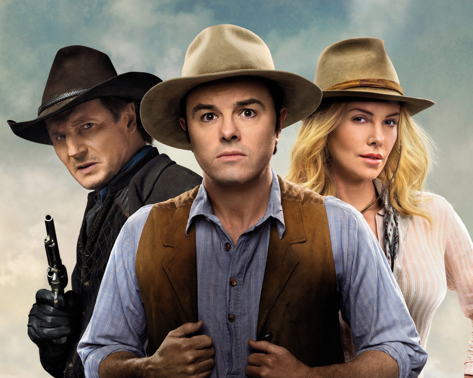 un million de façons de perdre la tête film 2014 charlize theron anna liam neeson clinch seth mcfarlane albert universal pictures comédie western hommes garçons fille blond cheveux visage pistolet cowboy chapeau yeux lèvres hd fond d écran