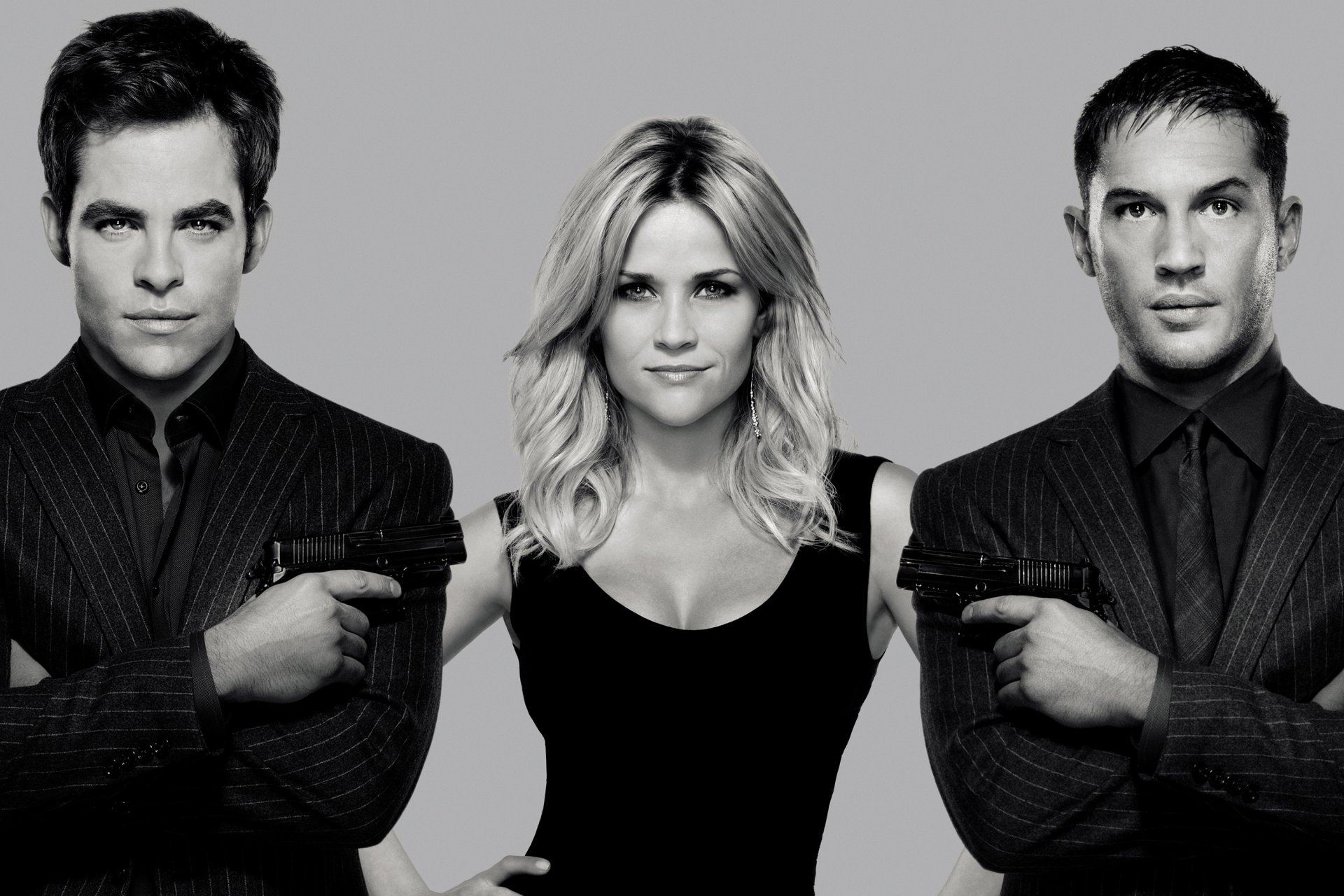 means war this means war chris pine reese witherspoon tom hardy poster weapon guns suits agents blonde black and white