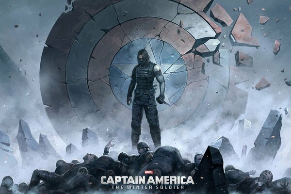 Wintersoldat vor dem Hintergrund des zerstörten Nähten von Captain America