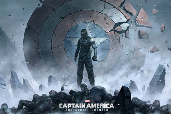 The Winter soldier on the background of the destroyed shield of Captain America