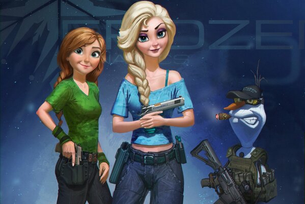 Anna und Elsa zusammen mit Olaf und mit den Waffen
