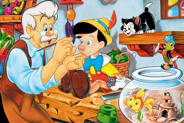 Cartone animato Pinocchio , falegname Antonio, Pesce in acquario
