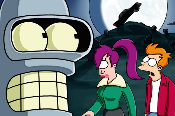 Futurama-Roboter im Vordergrund